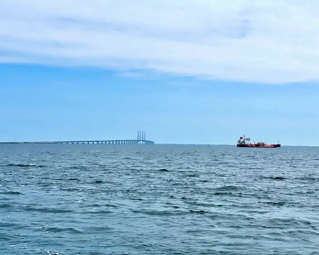 A ship approaching the Øresund bridge connecting Sweden and Denmark
