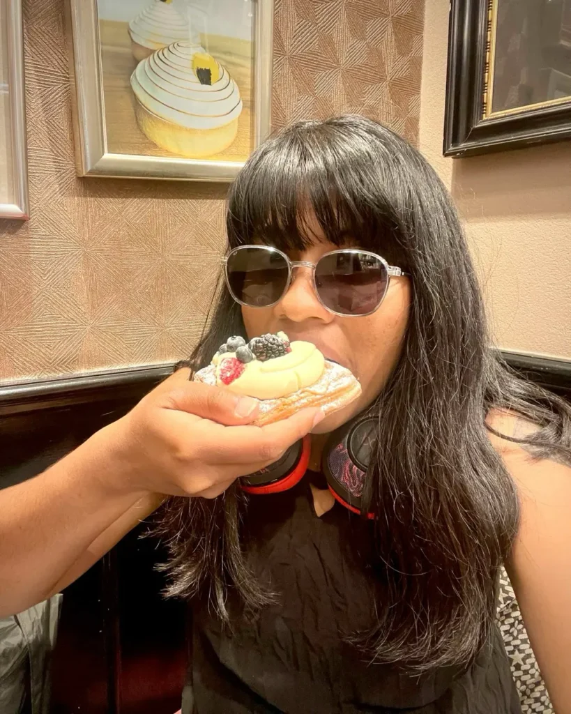 Agalya eating Danish pastry
