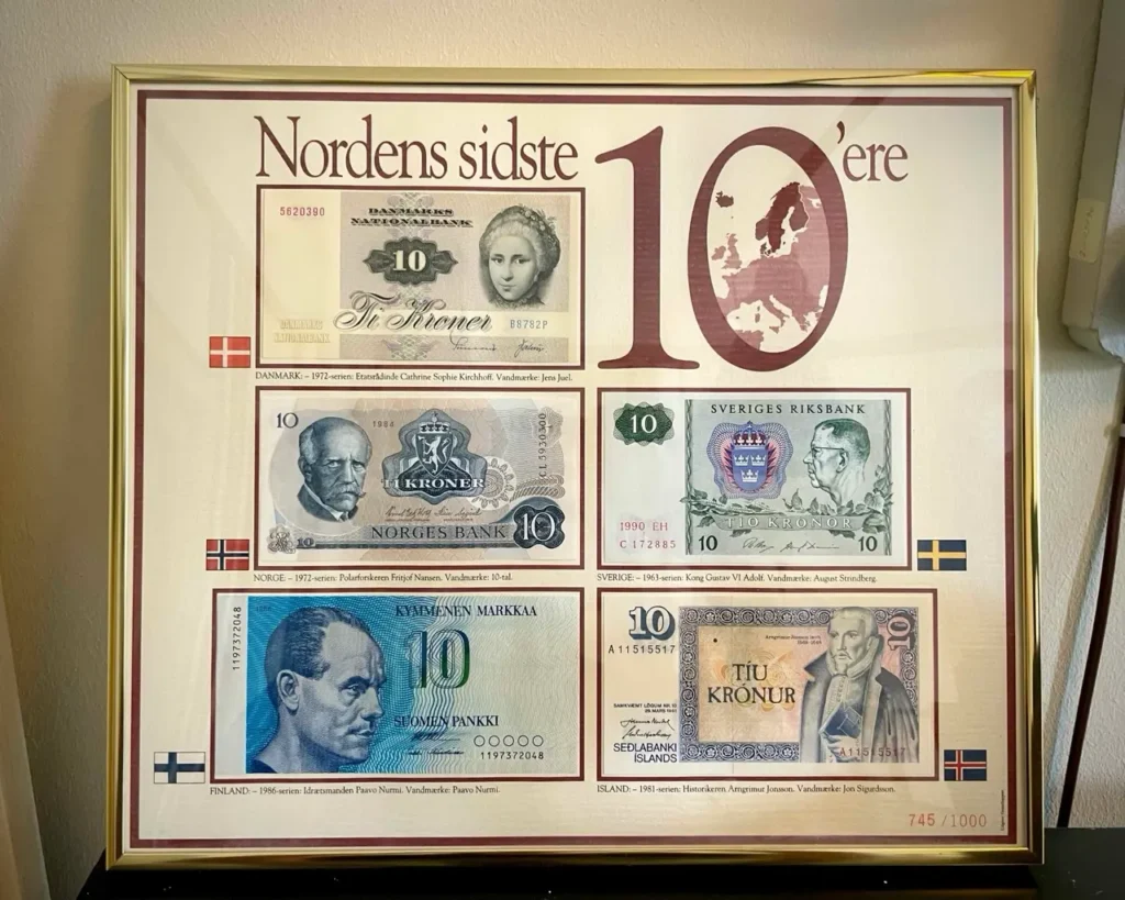 Currency notes displayed at the Bank and savings free museums in Copenhagen