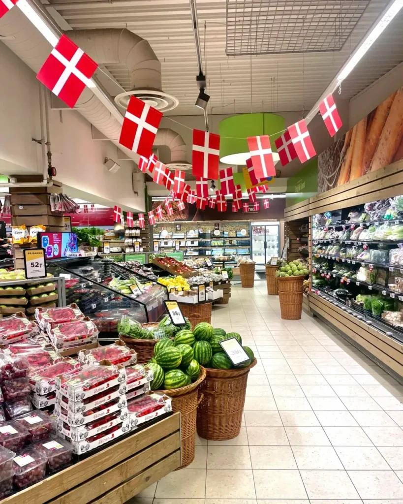 Fruits, veggies, and goods inside a supermarket in Copenhagen